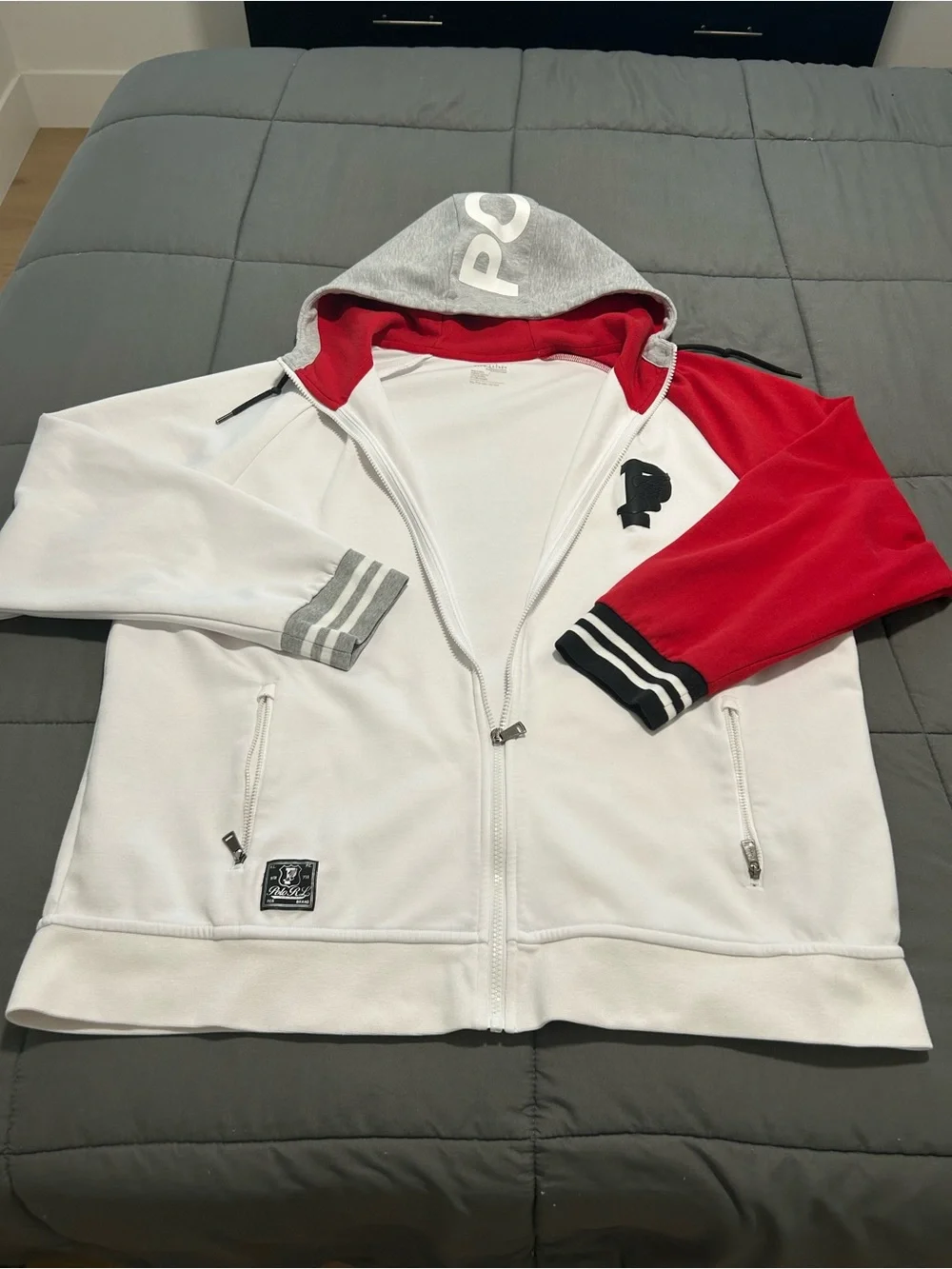 Polo by Ralph Lauren White P Wing Performance full zip Stadium hoodie. Sz XXL
